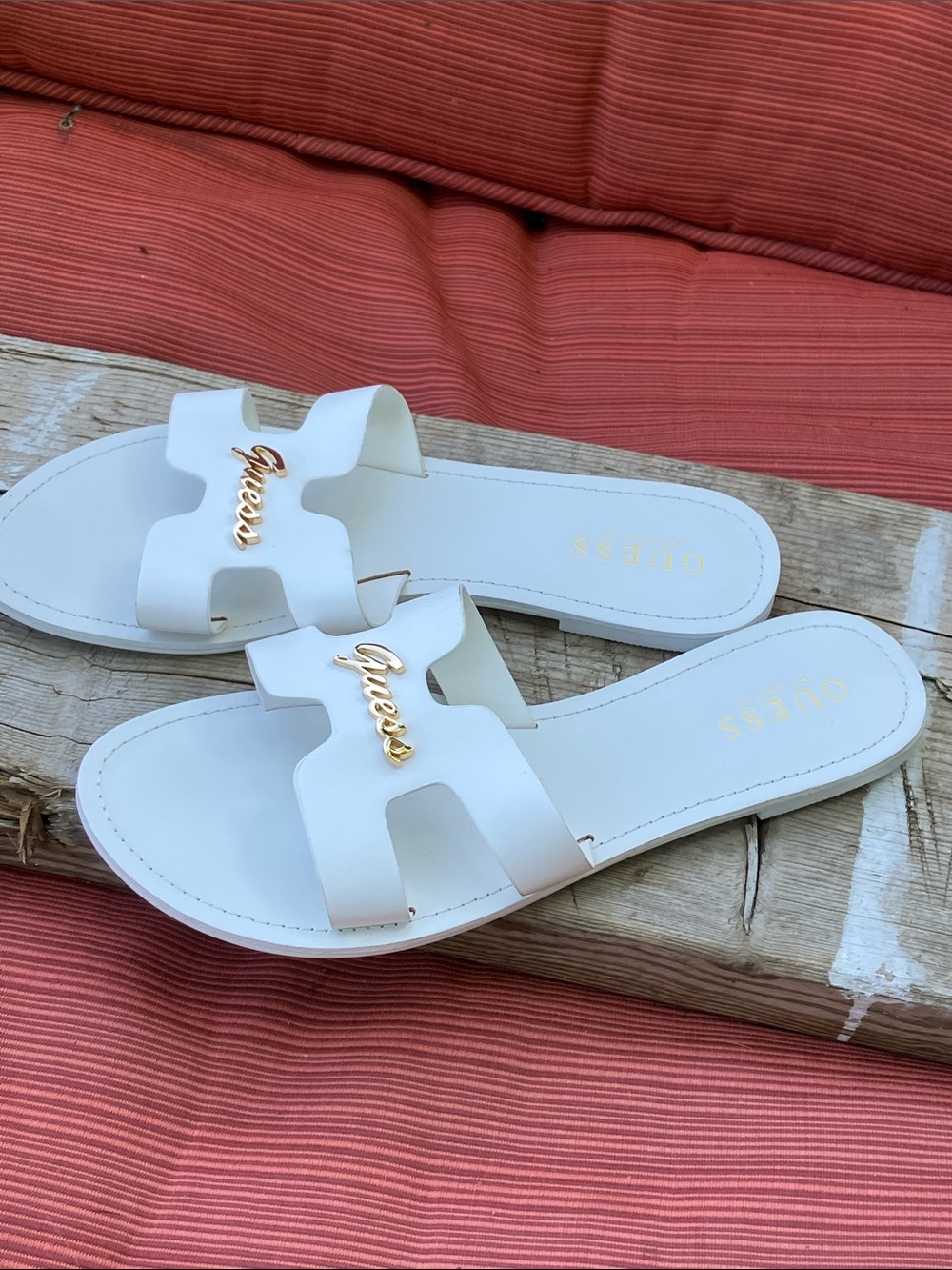 Guess White H-Strap Slide Sandals with Gold Script Logo ☀️🔱